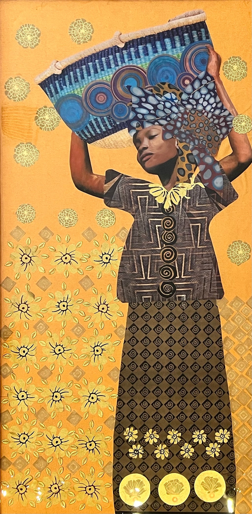 mixed media painting of a woman holding of a woven basket on a yellow textured background