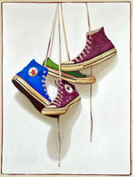 oil painting of blue, green, and deep purple converse sneakers hanging by laces