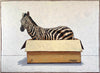 Acrylic painting of a zebra standing in a cardboard box