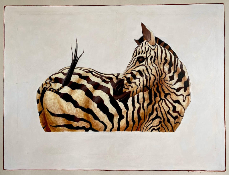 Acrylic on canvas painting of a zebra with it's head turned towards it's tail.