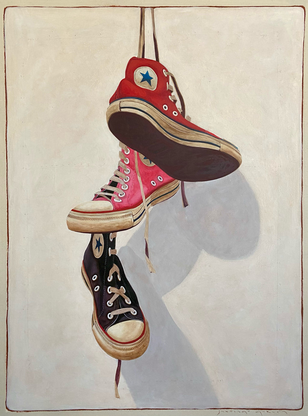 Contemporary acrylic painting of red, pink and black Converse high tops