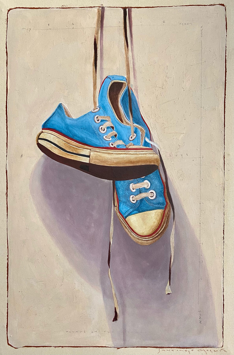 Contemporary small scale acrylic painting of blue low top Converse