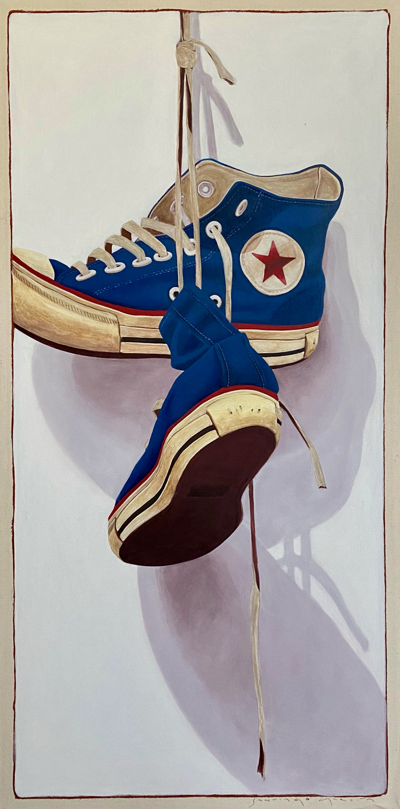 oil painting of dark blue high top converse sneakers hanging by tied laces
