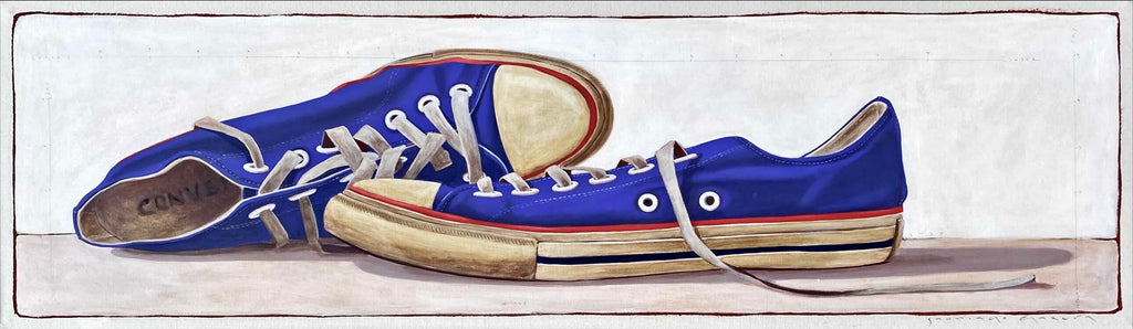 horizontal oil painting of blue low top converse sneakers 