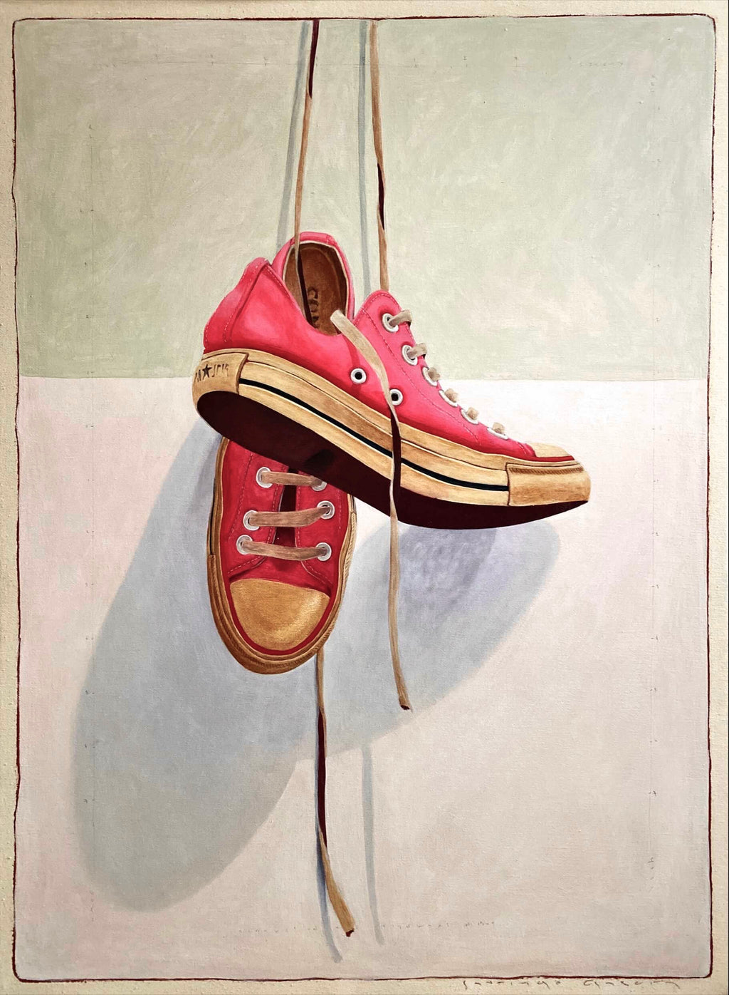 oil painting of pink low top converse sneakers hanging by laces