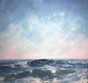 oil painting of waves in glistening ocean with light pink and blue sky with clouds, seascape