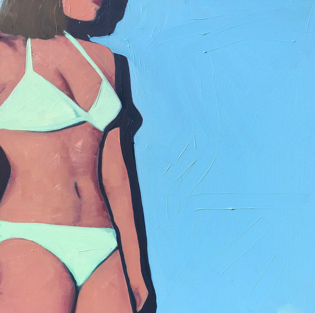 Oil on canvas painting of a woman in a green bikini against a blue wall. The woman's face is in profile and only to the lips..