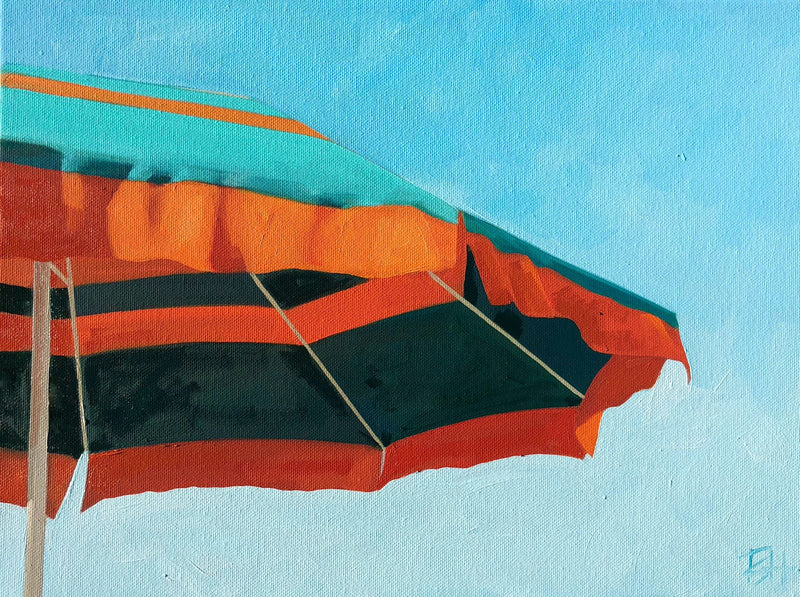 small scale oil painting of orange and turquoise umbrella with blue sky behind