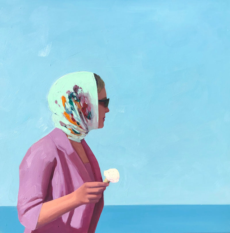 Oil on canvas painting of a woman in silhouette wearing a headscarf and sunglasses holding an ice cream cone with the ocean and sky in background. Her clothing is pink and the sky and sea are shades of blue.