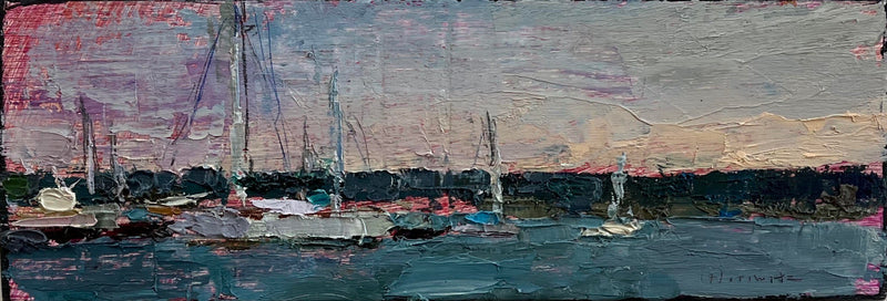 abstract oil painting of sailboats at sunset