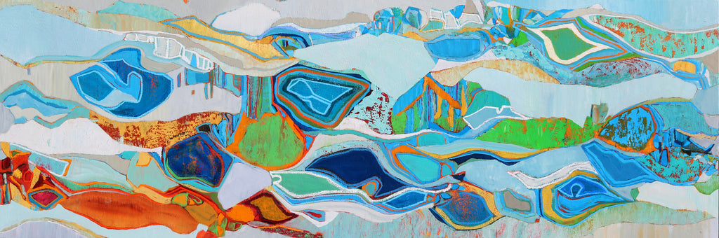 Abstract horizontal oil on canvas painting featuring blues, green and orange.
