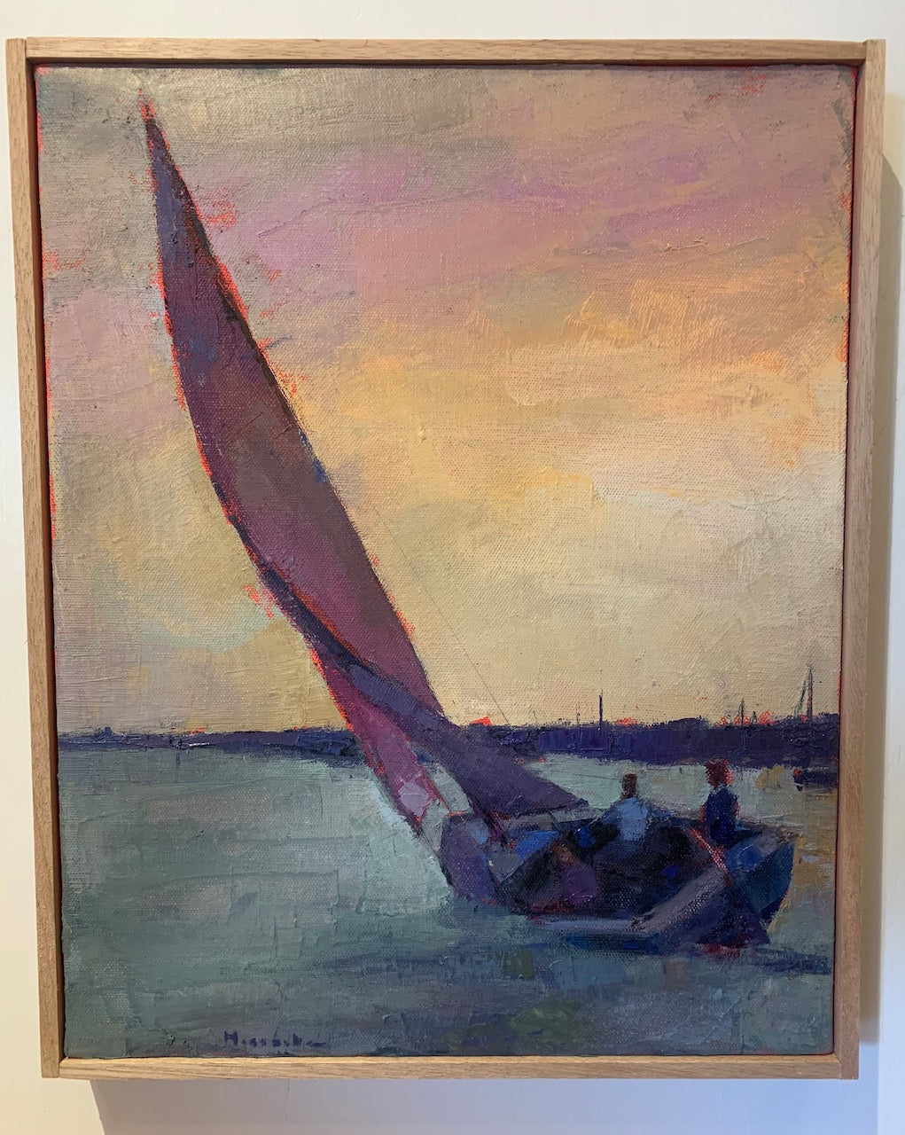 Oil painting by Larry Horowitz of a sailboat on the water with two people aboard against a pastel pink and yellow sky. There is a dock with many boats out in the distant.