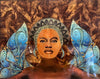 mixed media painting of a woman with African tribal paint and head dress with blue patterned wings on brown background