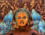 mixed media painting of a woman with African tribal paint and head dress with blue patterned wings on brown background