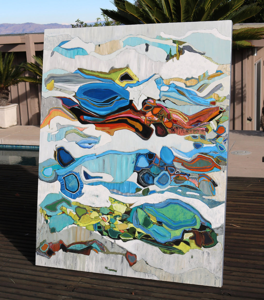 Abstract oil painting by Chase Langford in blue, red, green, and grey