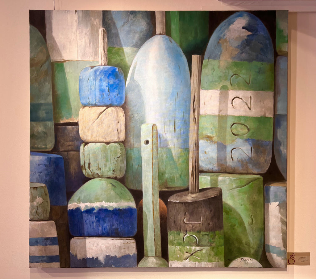 Photo-realistic oil on linen painting of green and blue buoys.