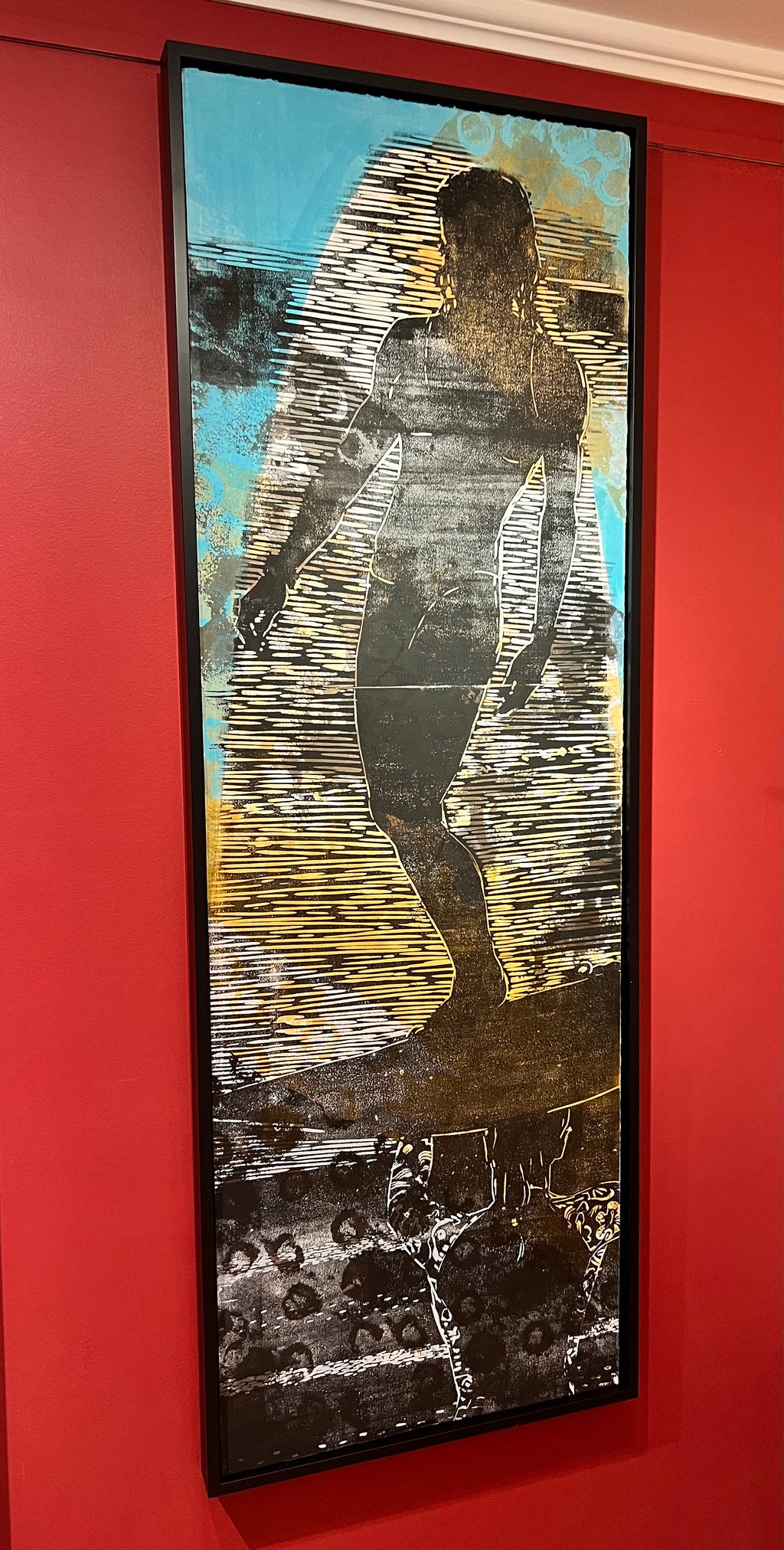 Abstract silhouette oil painting of a swimmer standing on a surf board with another female silhouette below and blue background 