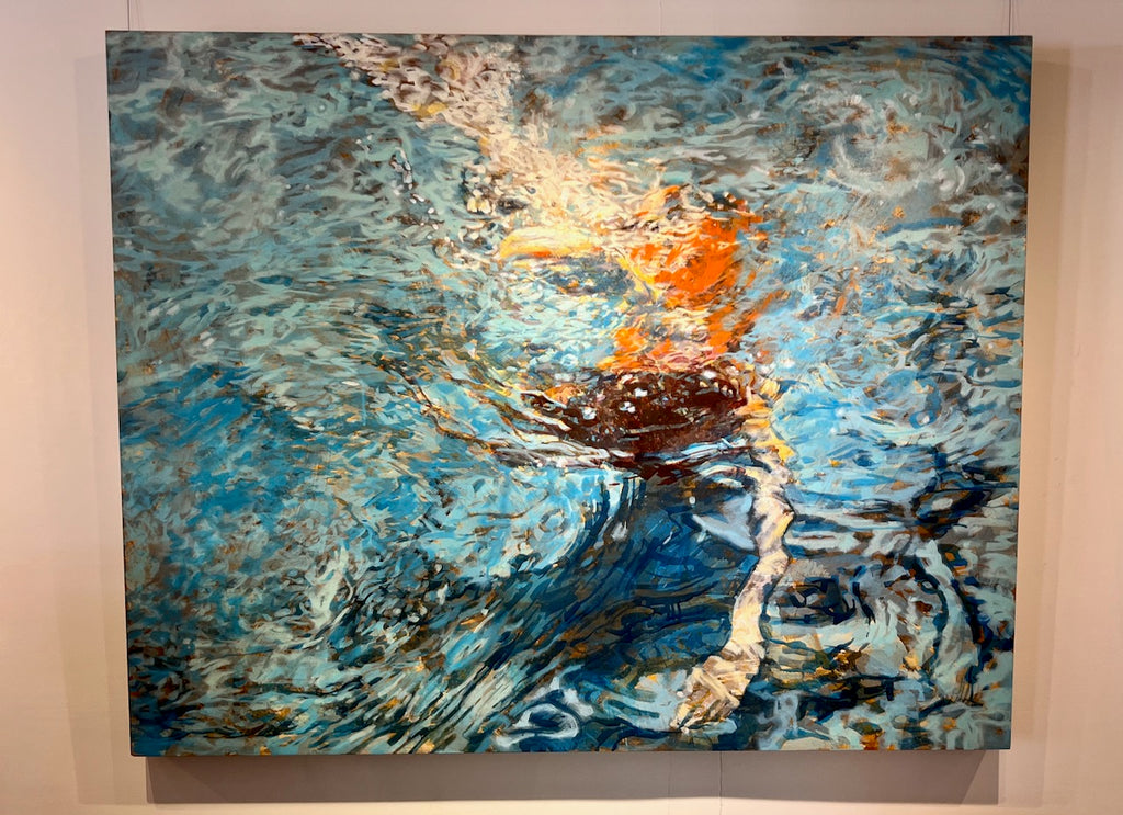 Aerial painting of a woman wearing a red swimsuit swimming under the water with detailed surface reflections