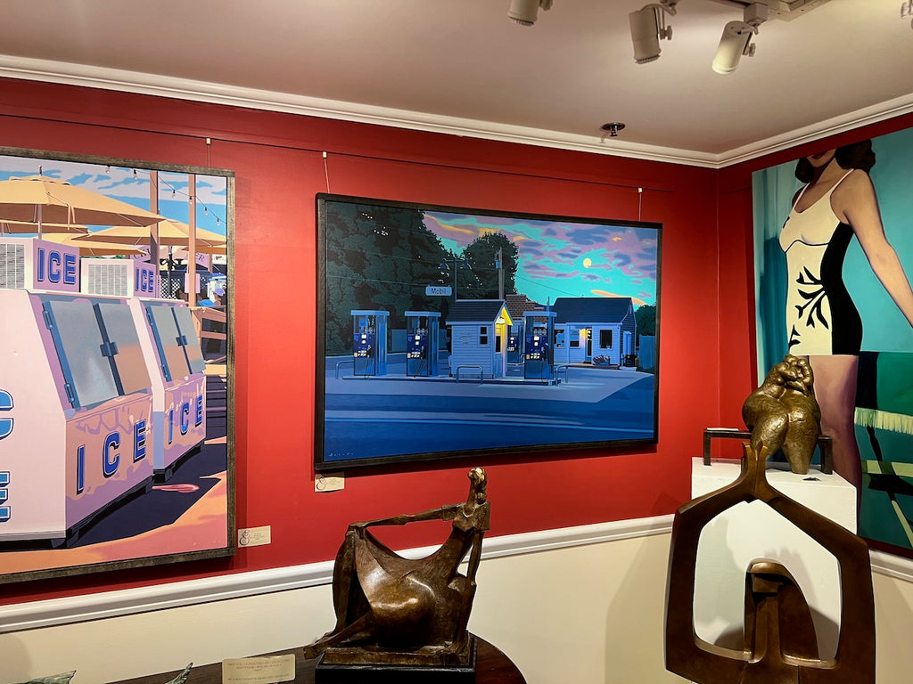 Photorealist oil painting of West Tisbury gas station in moonlight