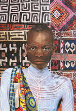 Mixed media painting of an African man with white tribal paint and a white shirt on African patterned background