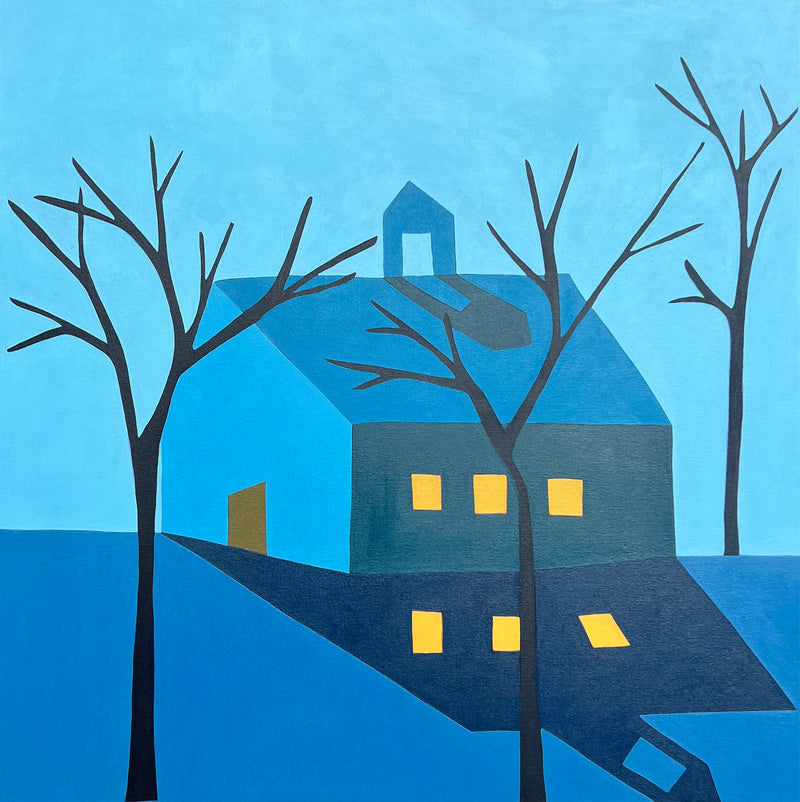 contemporary oil painting of blue barn with yellow windows and bare trees at night
