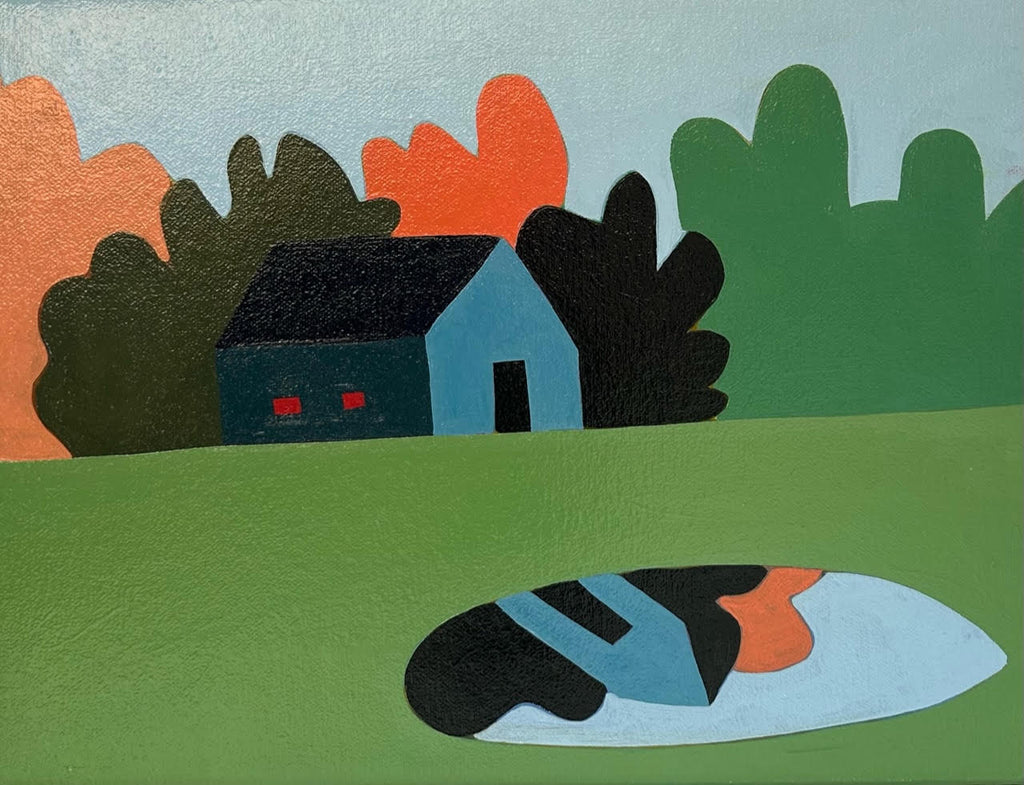 small scale contemporary oil painting of  a blue house with green, orange and black forest behind