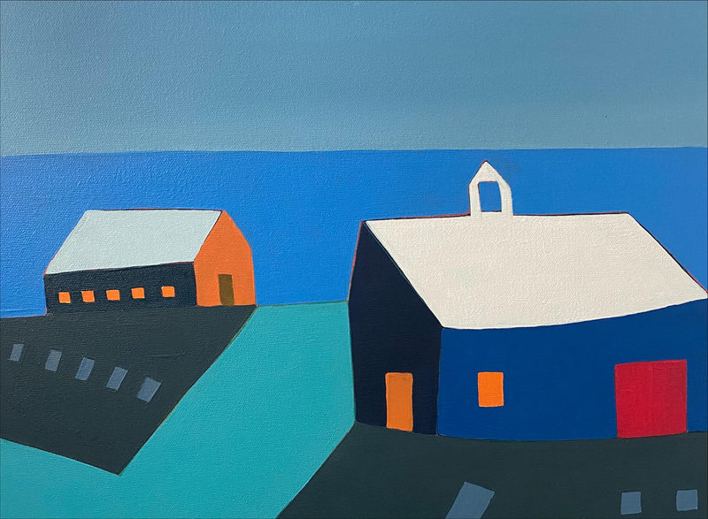 contemporary small scale oil painting of barns with shadows and blue ocean behind