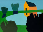 contemporary small scale oil painting of a house and pond with black and green shrubs