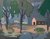 "Pink Barn in Woods with Puddles"