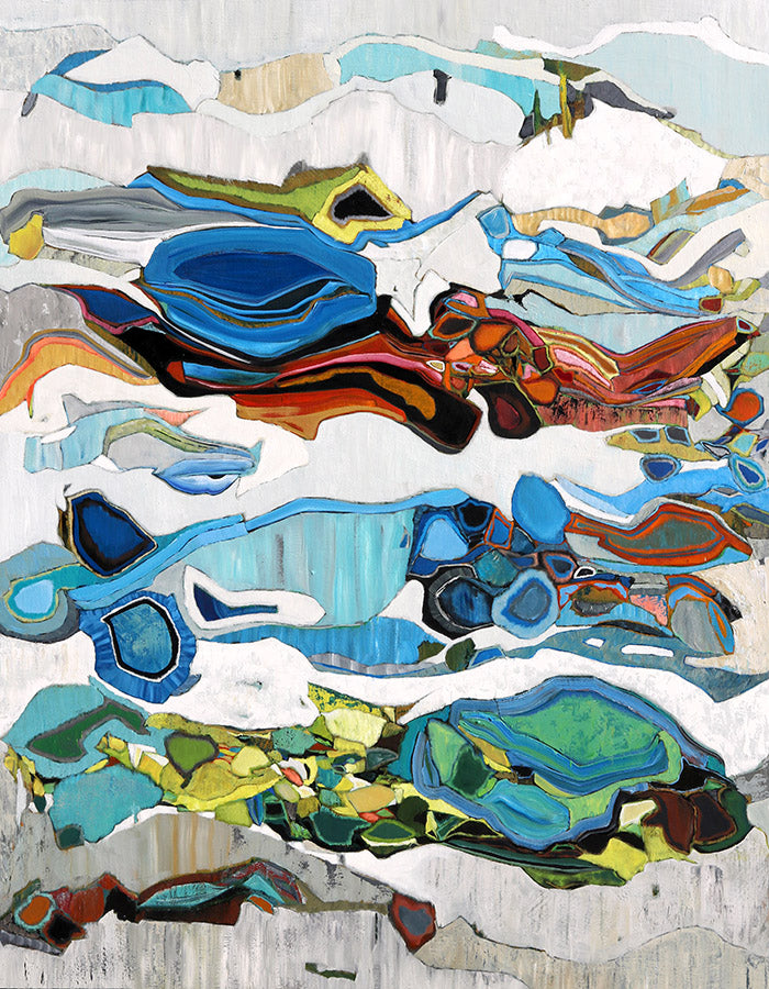 Abstract oil painting by Chase Langford in blue, red, green, and grey