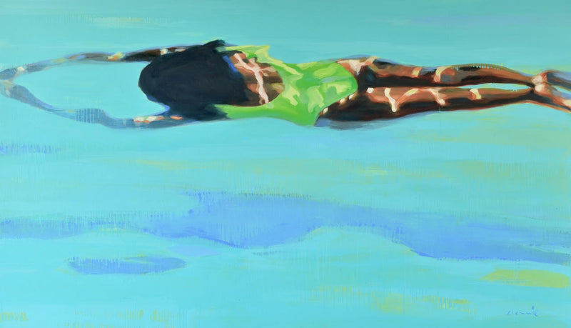 Oil on canvas painting of aerial view of a woman in a light green bathing suit swimming in aqua water.