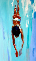 vertical oil painting of a female swimmer in turquoise water