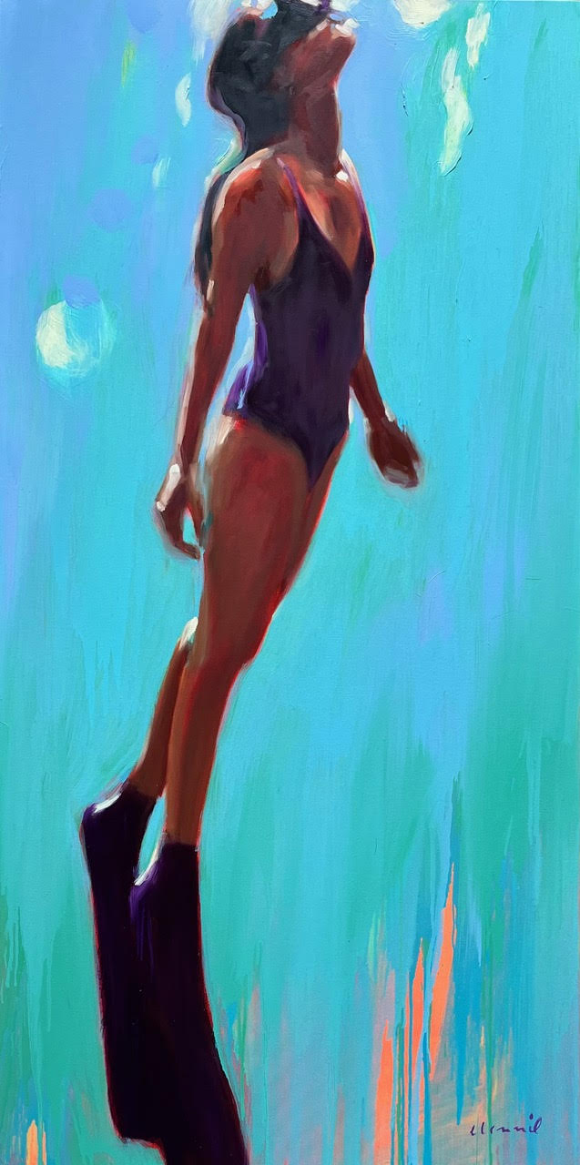 vertical oil painting of a female snorkeling up to surface in turquoise water
