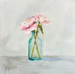 impressionist style still life oil painting or two pink flowers in a clear blue vase