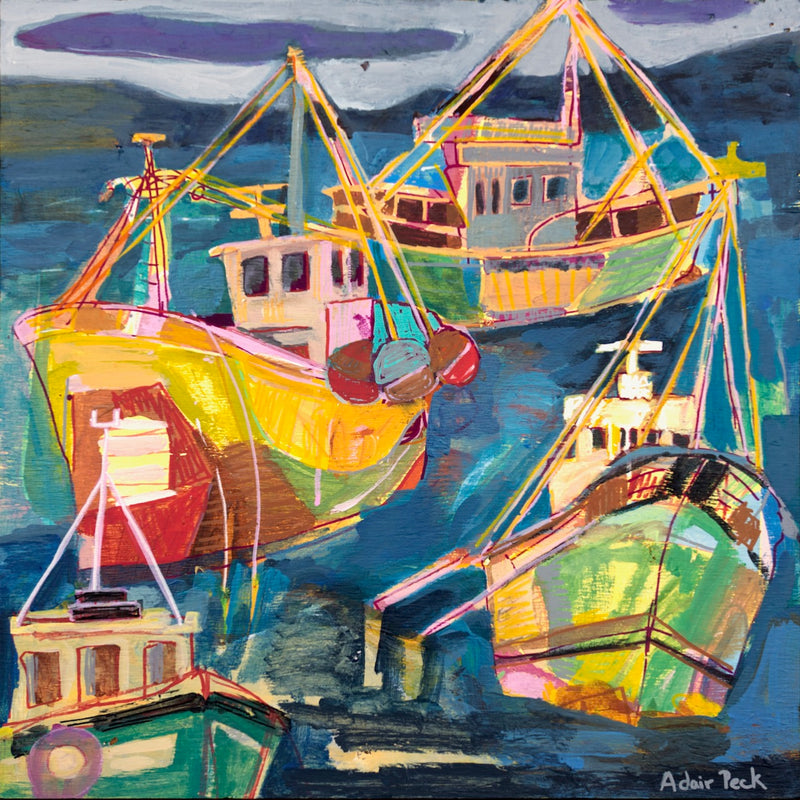 colorful mixed media painting of fishing boats Martha's Vineyard