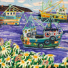 mixed media colorful painting of fishing boats Martha's Vineyard