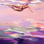 abstract oil painting of a woman swimming above pink and purple water