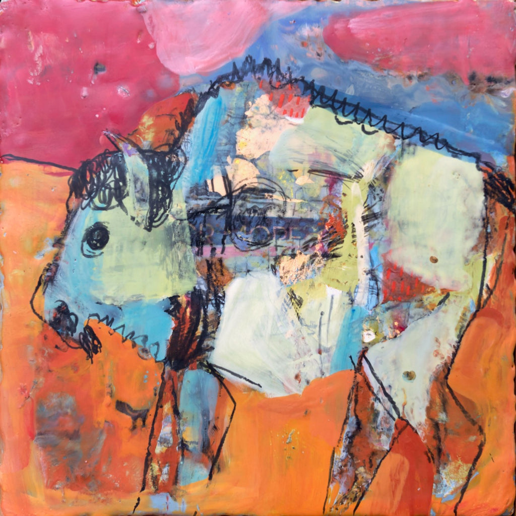 abstract mixed media painting of a colorful bison with pink and orange background