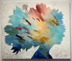 "Stain Silhouette IV" acrylic and mixed media painting of a female silhouette with vibrant, multicolored strokes and textured edges encompassed with light border