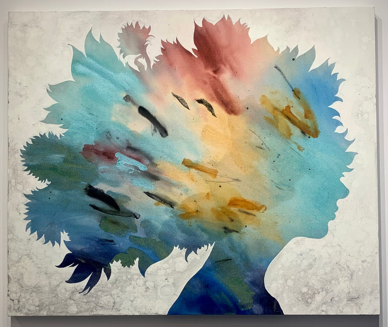 "Stain Silhouette IV" acrylic and mixed media painting of a female silhouette with vibrant, multicolored strokes and textured edges encompassed with light border