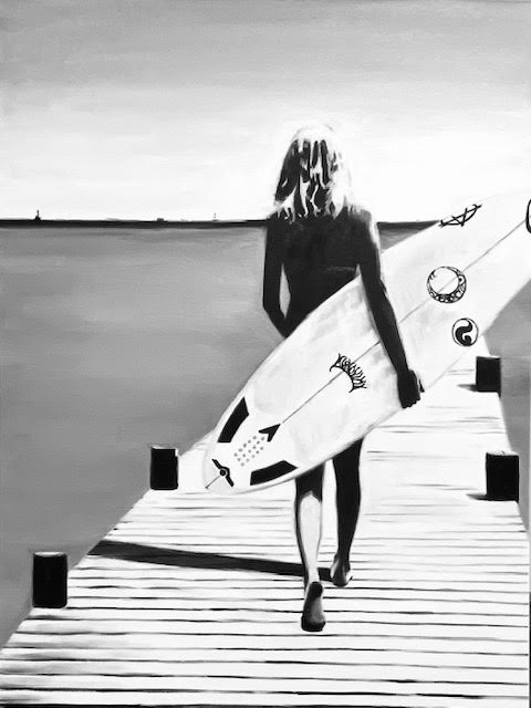 black and white oil painting of a surfer girl walking on a dock with surfboard