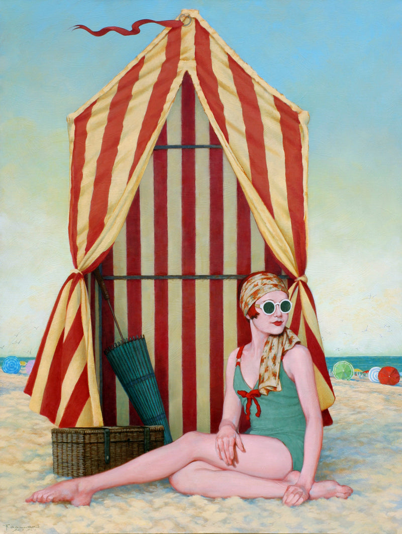 Oil on canvas painting of a woman in green bathing suit and sunglasses sitting on a beach in front a red and white striped cabana