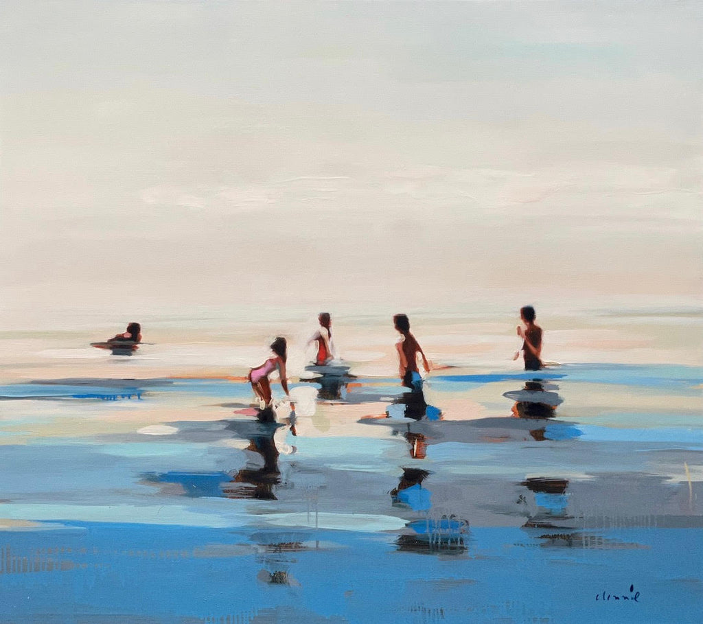 large scale abstract oil painting of people wading in blue water with neutral sky