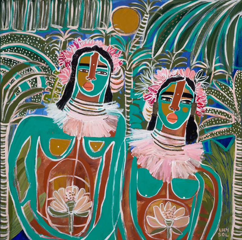 Picasso style oil painting of two woman with turquoise painted skin and pink flowers in hair with palm trees