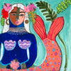 picasso style oil painting of a mermaid with orange tail, blue, pink and brown skin and white hair with flowers