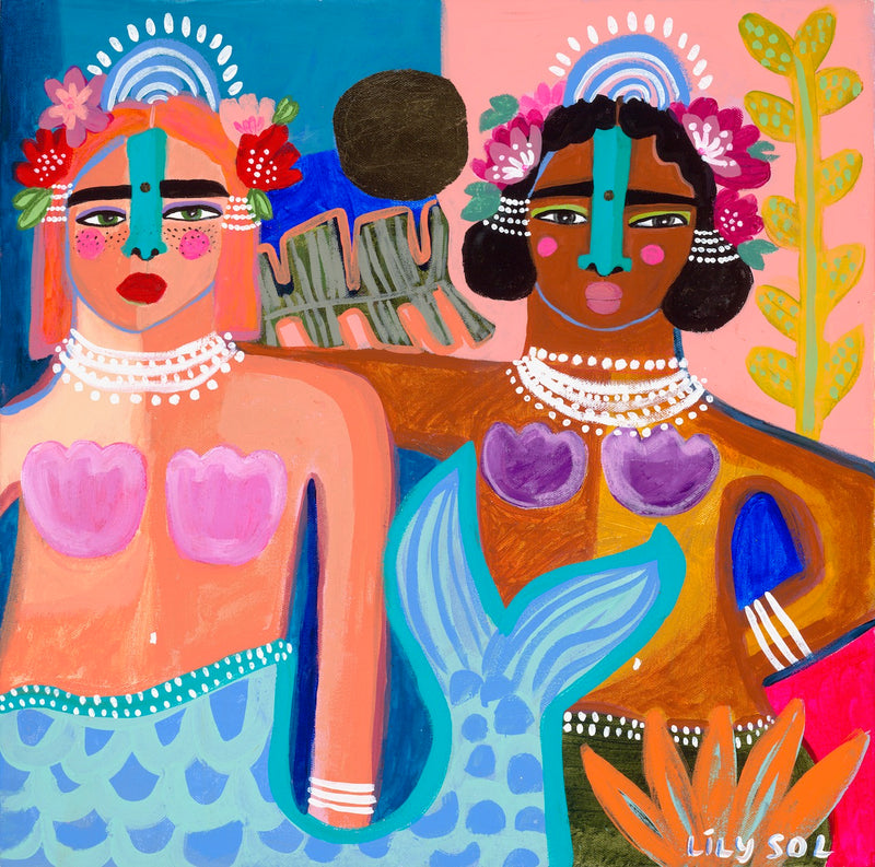 pink and turquoise picasso style oil painting of two mermaids with flowers in hair