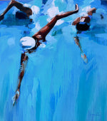 large scale abstract oil painting of competitive swimmers in blue water