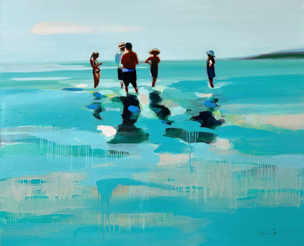 large scale abstract oil painting of people standing in turquoise water