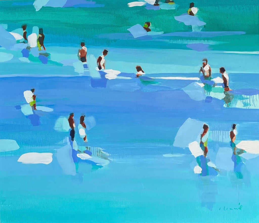 large scale abstract oil painting of people in blue and green water
