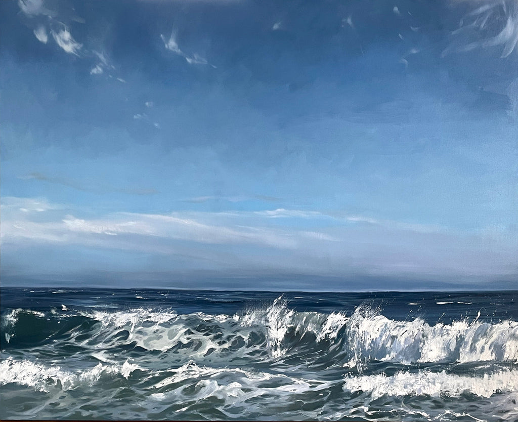 Large scale oil painting of waves in a blue ocean with light blue sky 